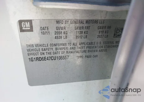 2012 Chevrolet Volt z USA, uszkodzony, nr VIN 1G1RD6E47CU106557